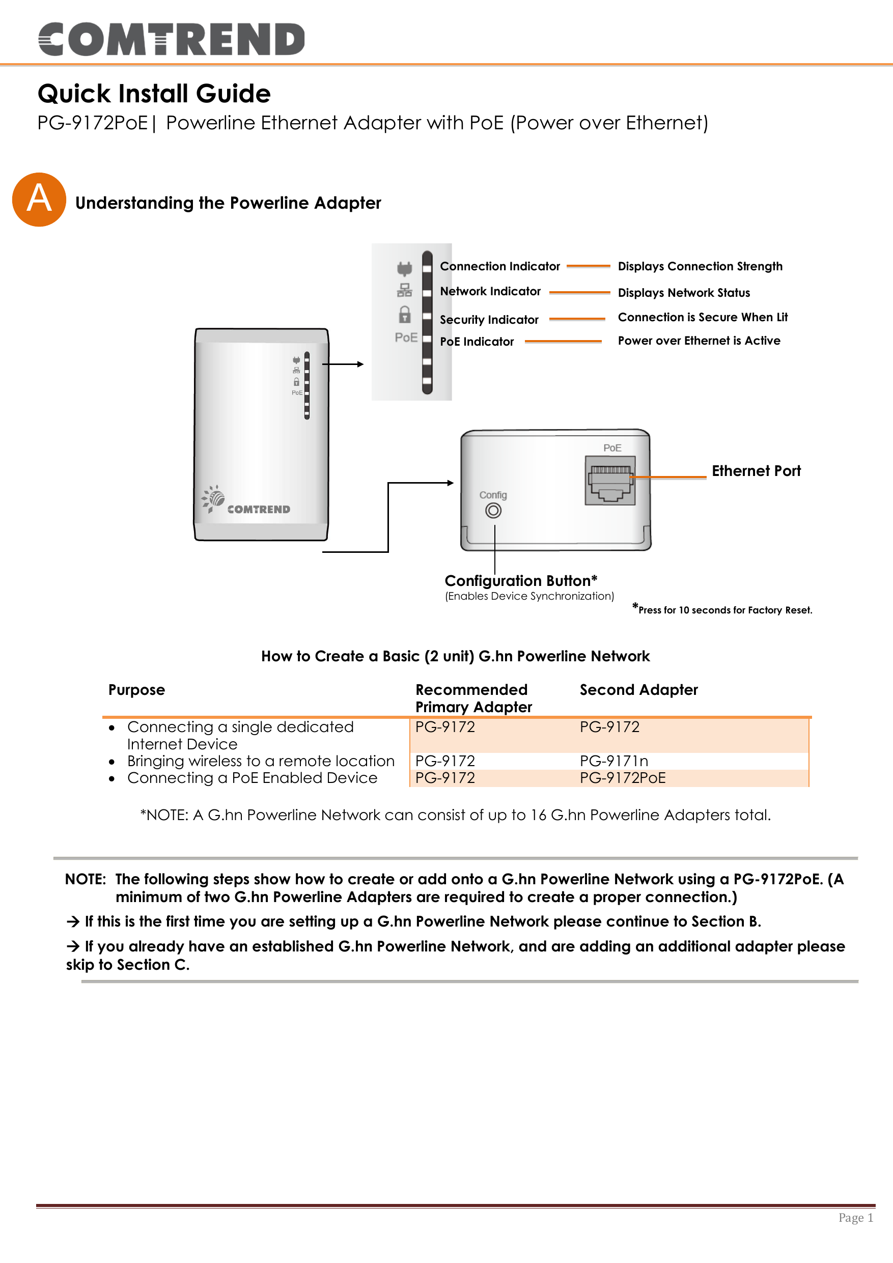 Comtrend PG-8PoE G.hn Power over Ethernet Powerline Adapter