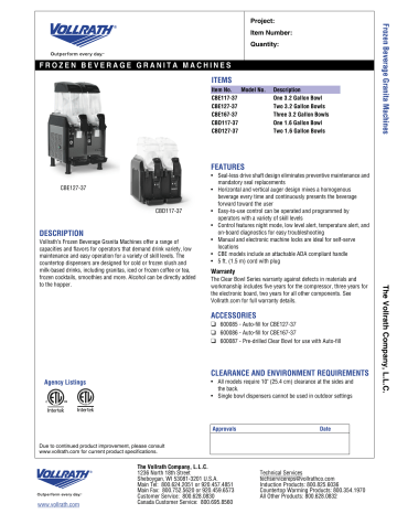 Vollrath Frozen Beverage Granita Machine Specification Sheet | Manualzz