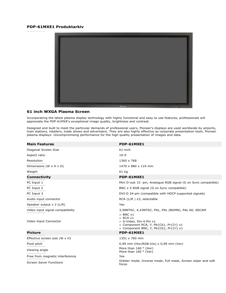 Pdp 61mxe1 Produktarkiv 61 Inch Wxga Plasma Screen Manualzz