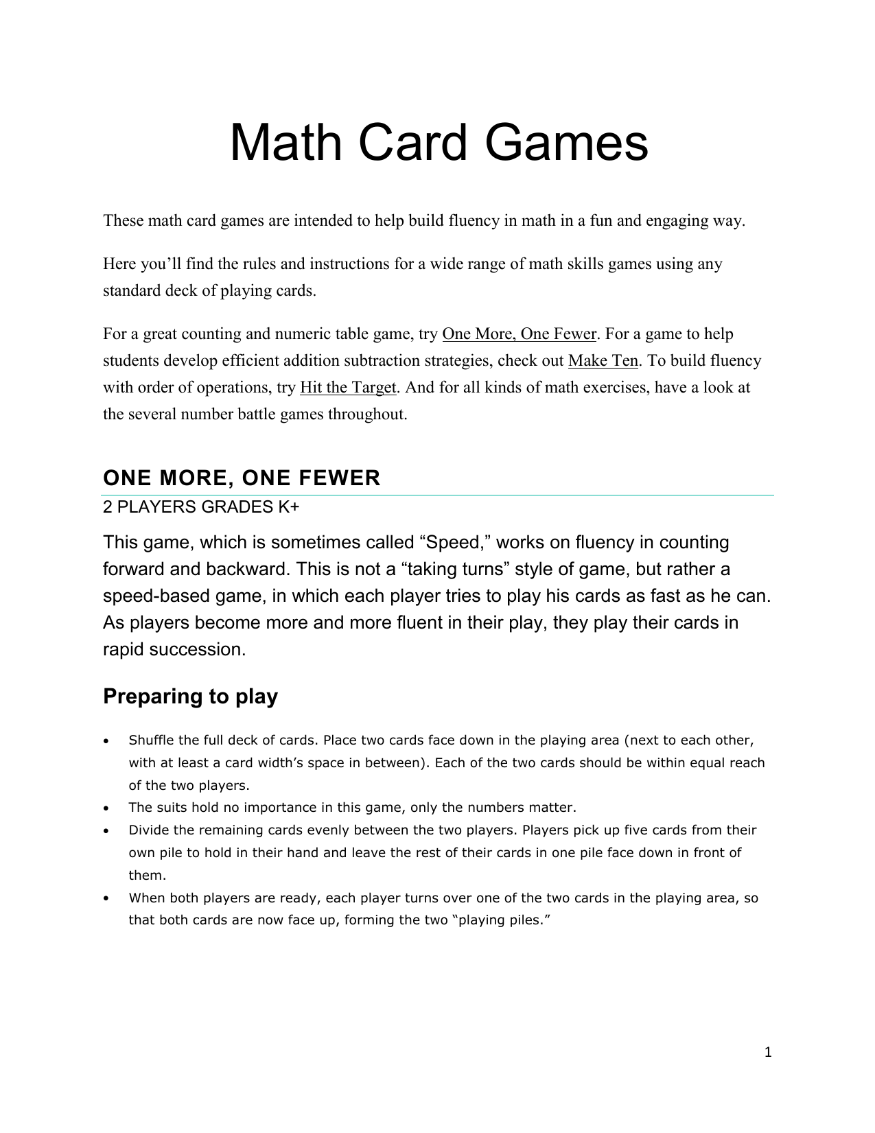 Math Card Games Manualzz