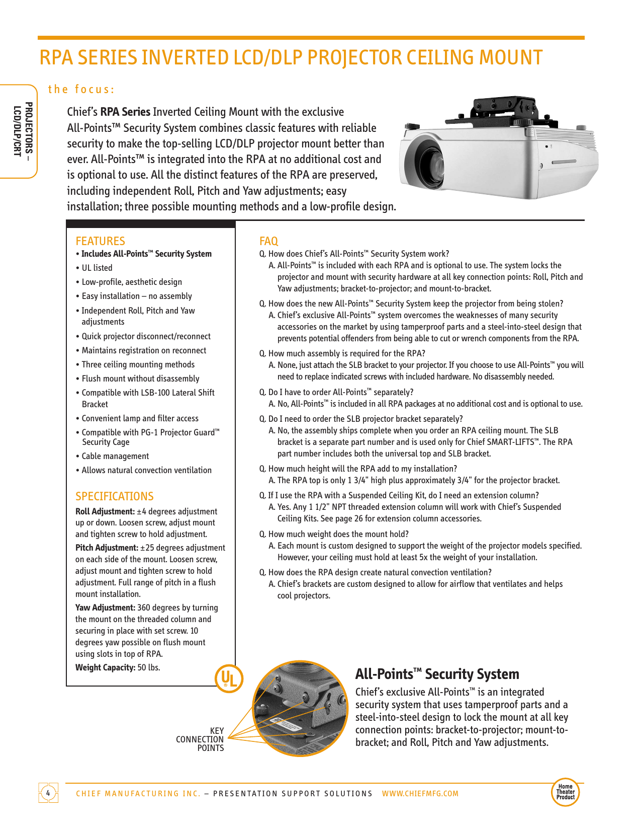 Rpa Series Inverted Lcd Dlp Projector Ceiling Mount