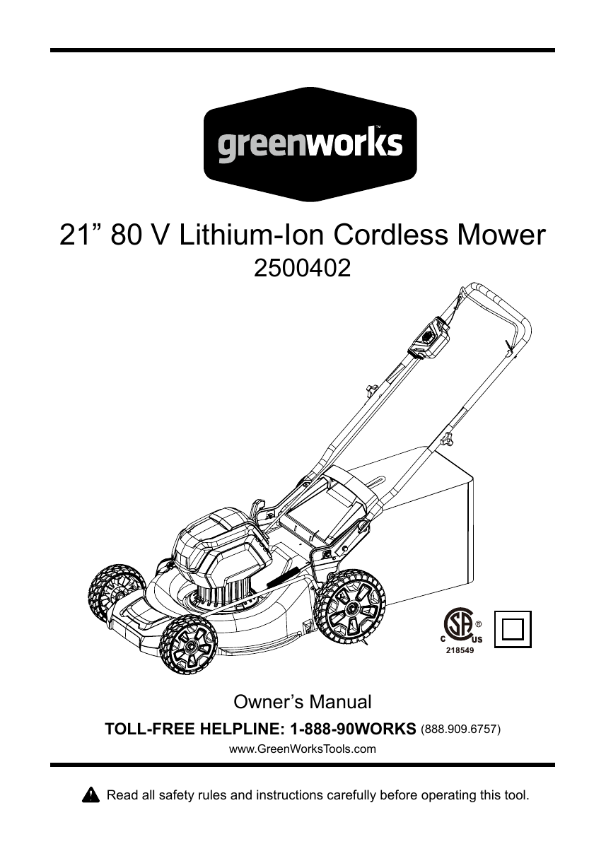 Greenworks GLM801601 Owner's Manual Manualzz