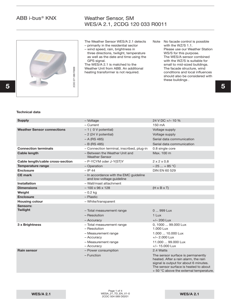 Abb I Bus Knx Weather Sensor Sm Wes A 2 1 2cdg 1 033 Manualzz