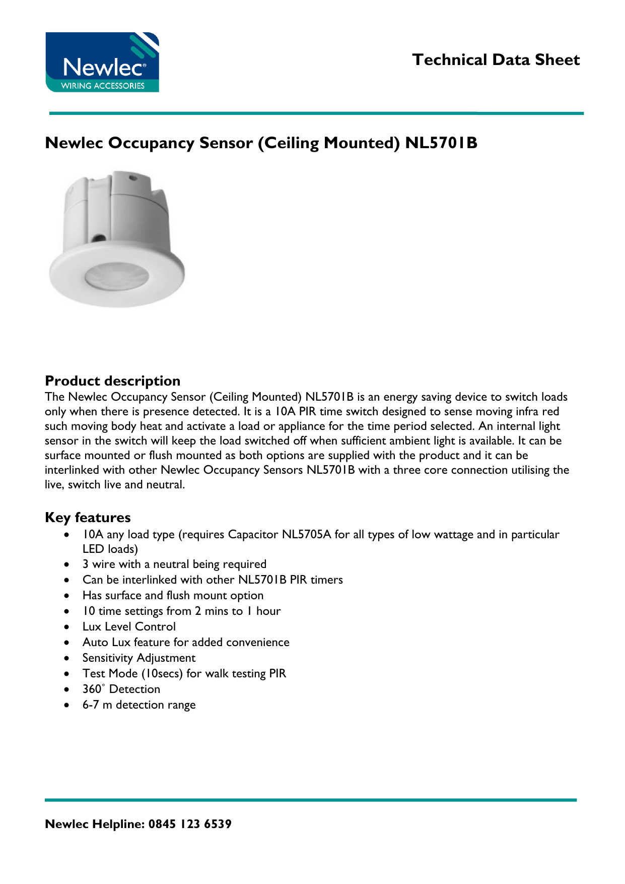 Technical Data Sheet Newlec Occupancy Sensor Ceiling