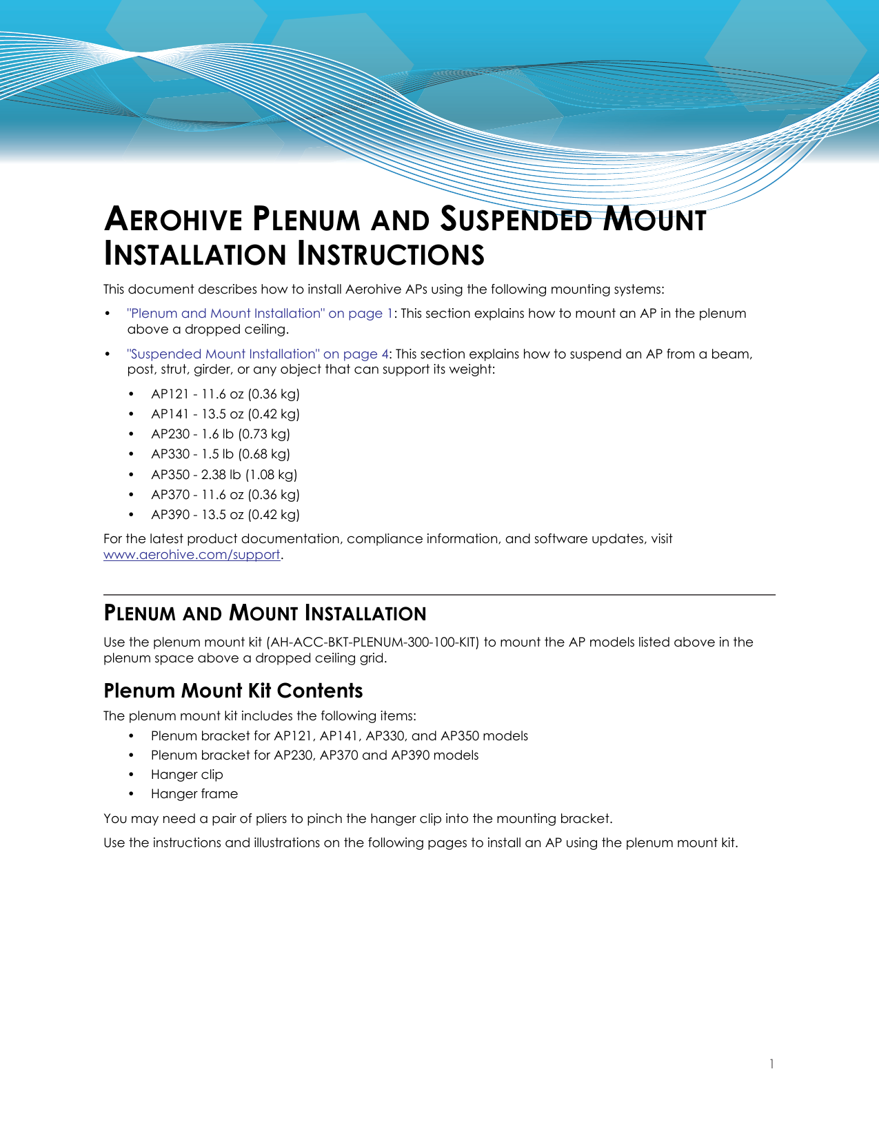 Aerohive Plenum And Suspended Mount Installation Instructions