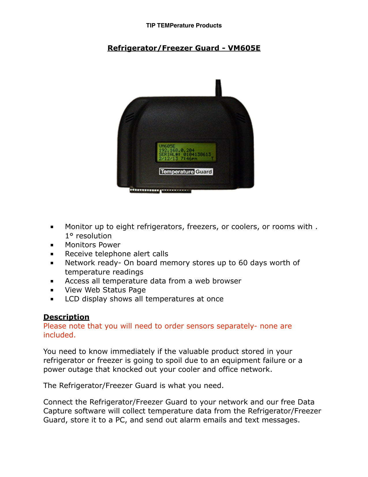 Refrigerator/Freezer Guard - VM605E Monitor up to eight | Manualzz