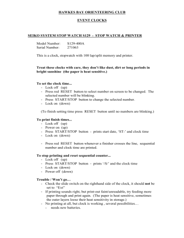 HAWKES BAY ORIENTEERING CLUB EVENT CLOCKS SEIKO | Manualzz
