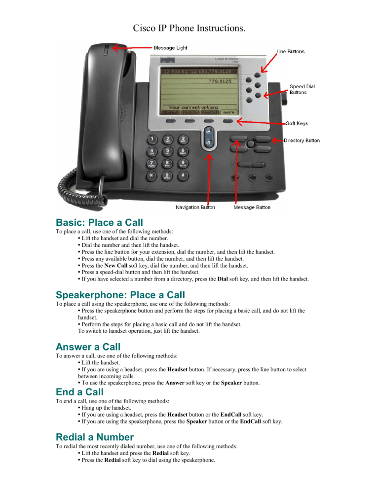 Cisco IP Phone Instructions. Basic Place a Call Speakerphone Manualzz