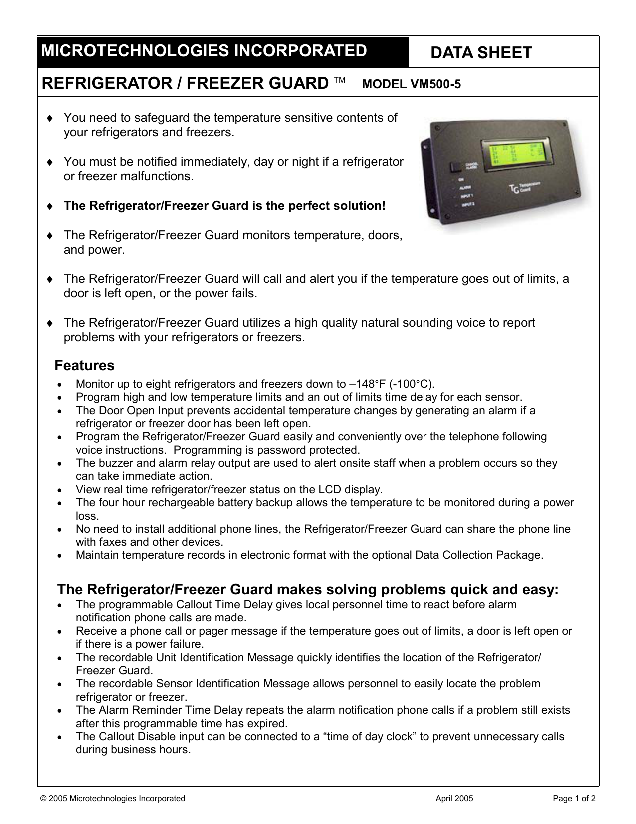 Data Sheet Microtechnologies Incorporated Refrigerator