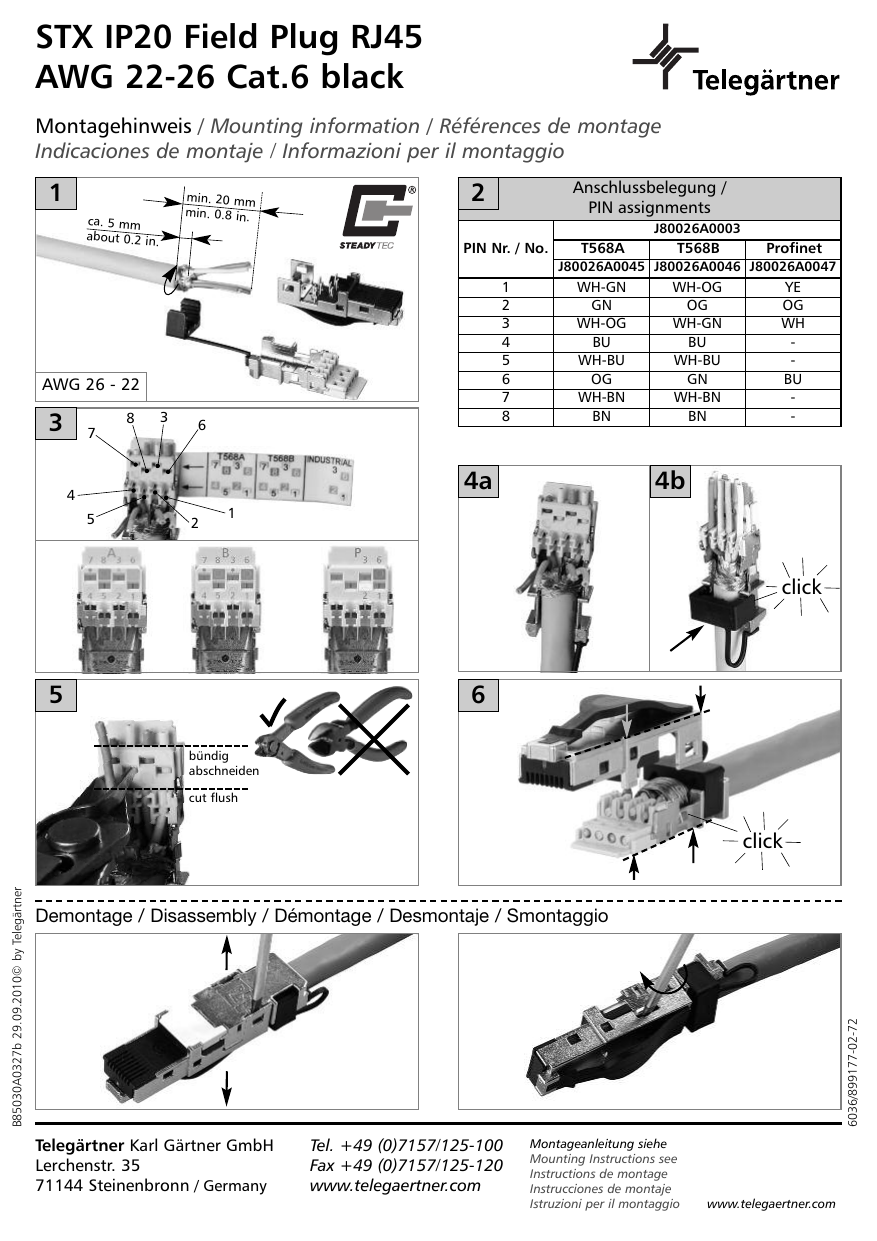 field assembly RJ45 plug MFP8-SL T568A Cat.6A; AWG26/1-AWG24/1,  AWG27/7-AWG24/7