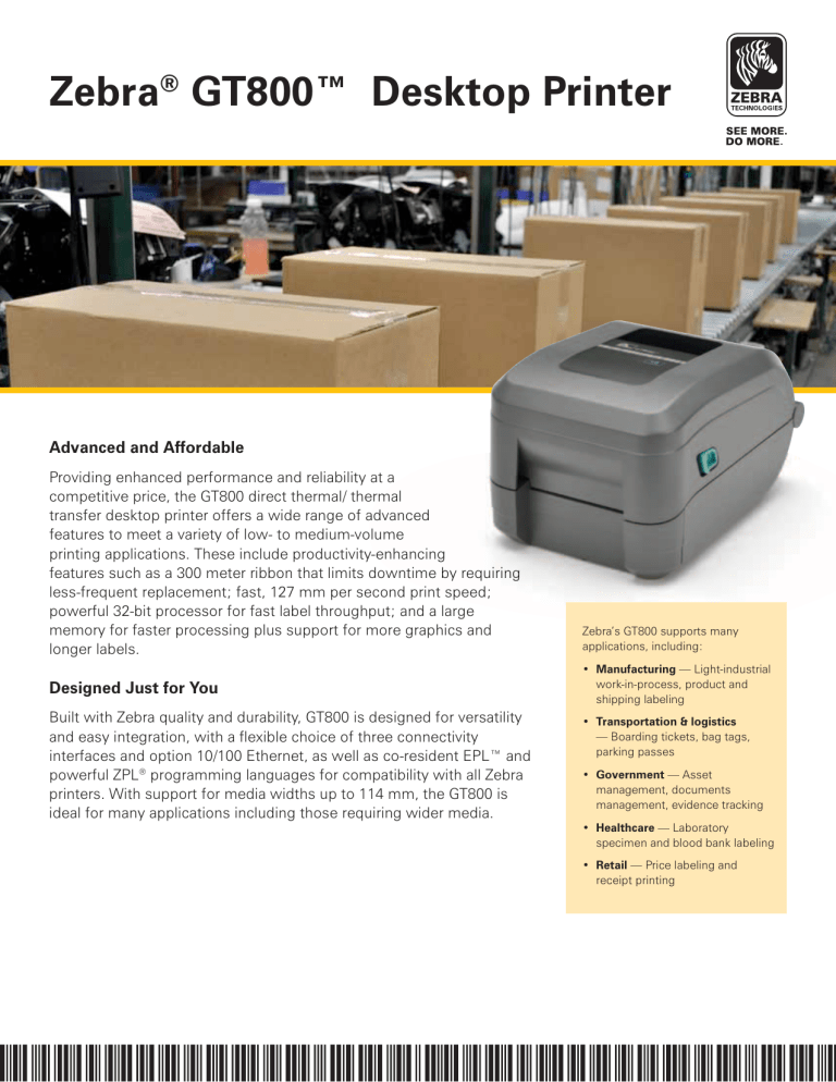 gt800 zebra printer specifications