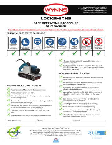 Wynns Belt Sander Safe Operating Procedure | Manualzz