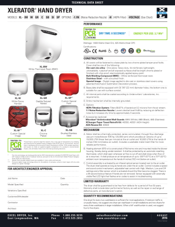 XLERATOR BW, W, GR, C, SB, SI, SP Hand Dryer Datasheet | Manualzz