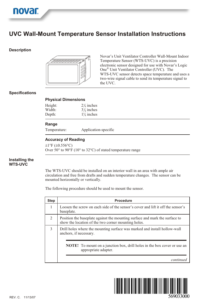 HVAC Business UVC temperature sensor 6' Novar RTS HVAC Parts