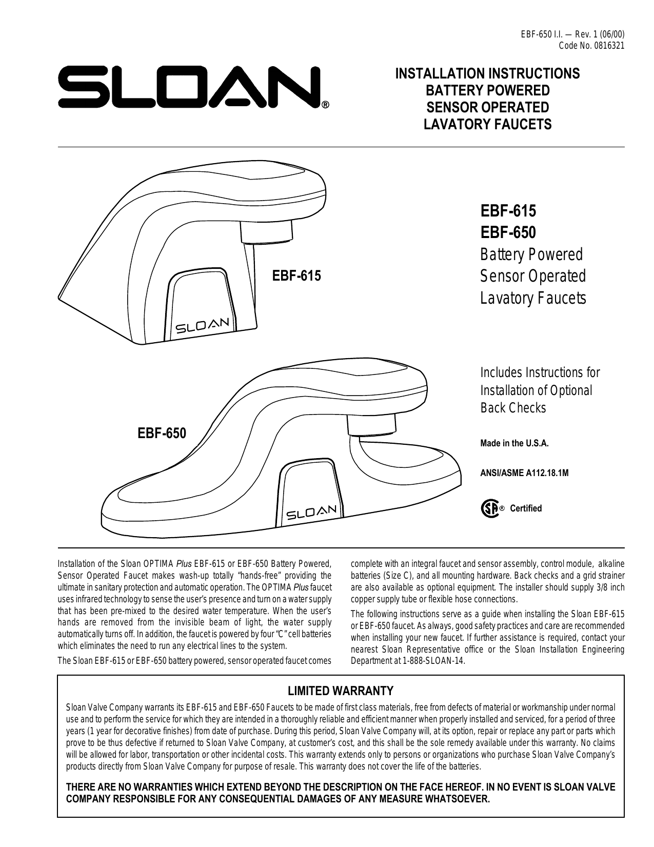 Ebf 615 Ebf 650 Battery Powered Sensor Operated Lavatory