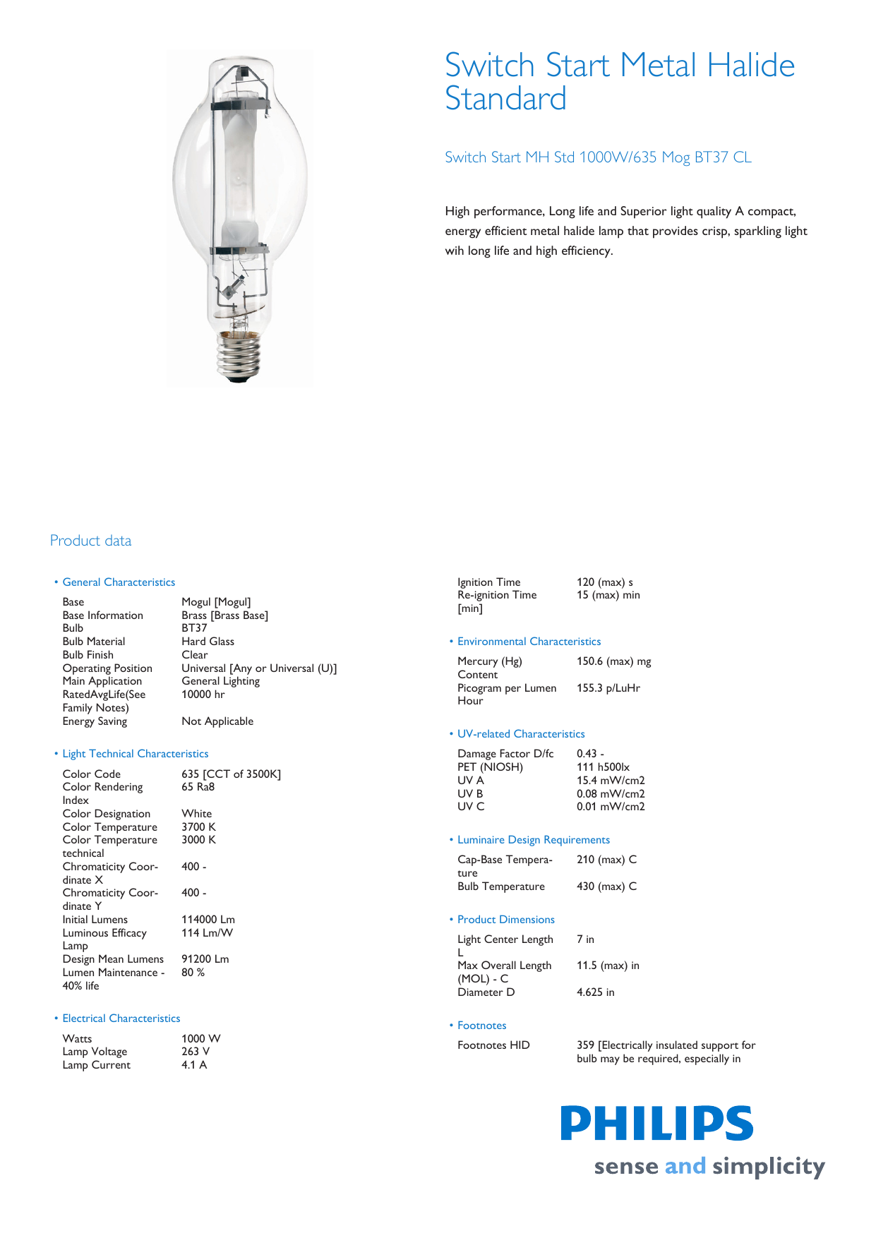 BT37 Small MH Lamp Universal 1000W Hortilux Metal Halide