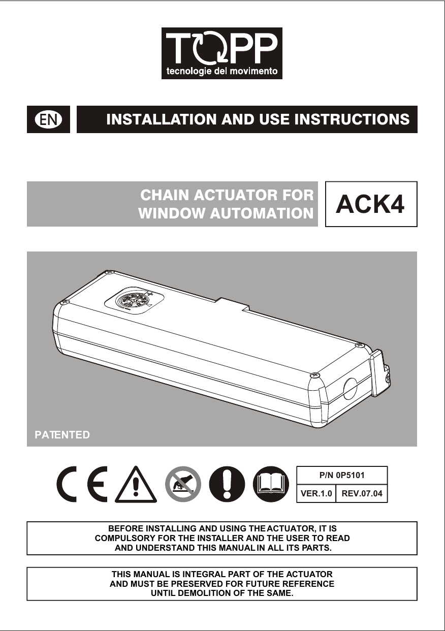 installation and use instructions chain actuator for window automation