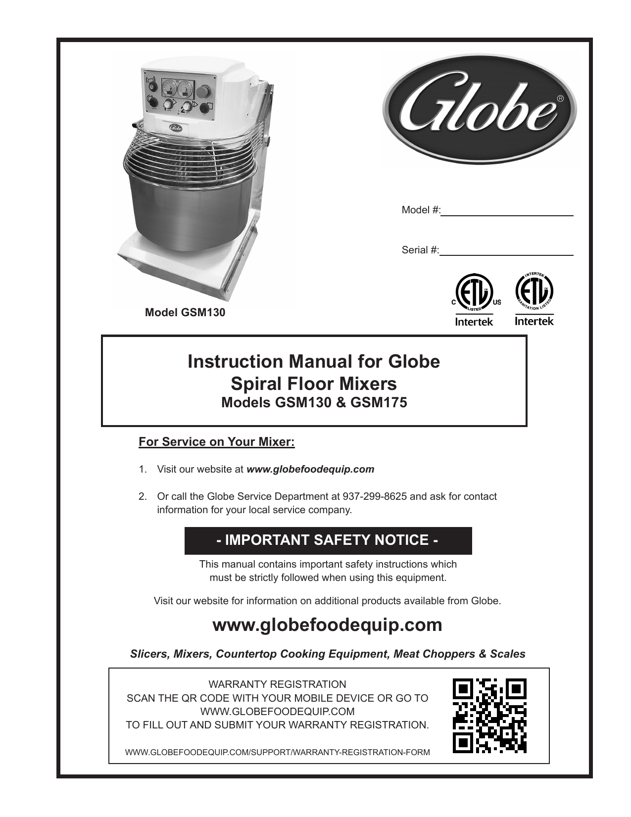 Instruction Manual for Globe Spiral Floor Mixers Manualzz