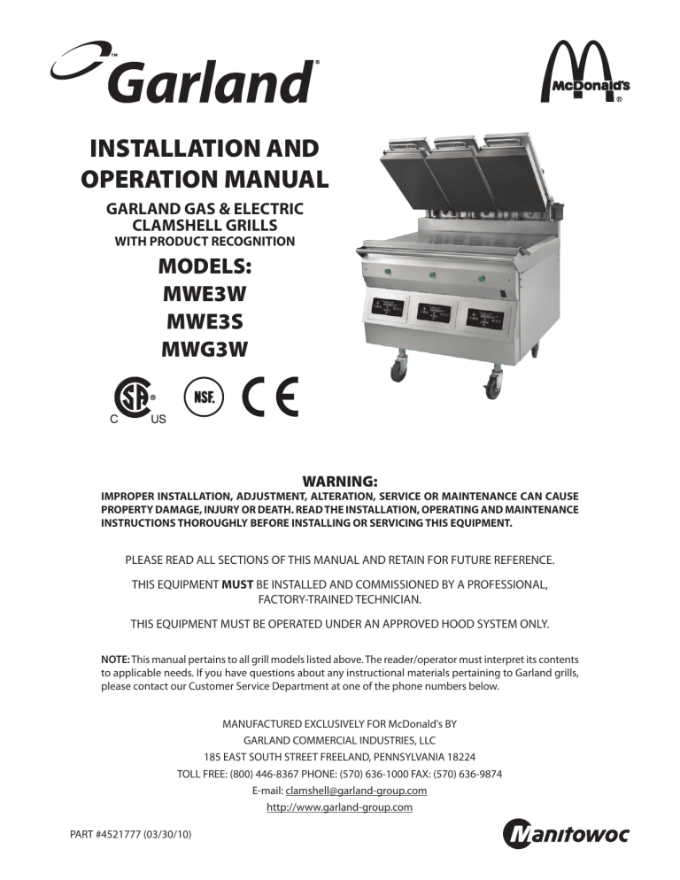 MWE3W / MWG3W Operations Manual Garland Clamshell Grill Portal Manualzz