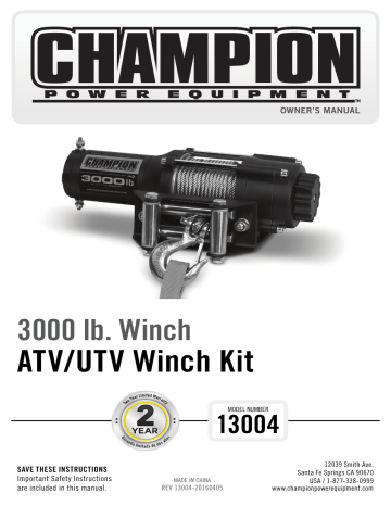 Champion Power Equipment 13004 3000 lbs. Winch Kit Owner's Manual | Manualzz