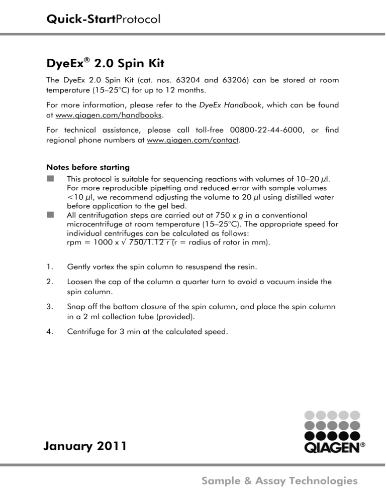 quick startprotocol dyeex 2 0 spin kit january 2011 manualzz