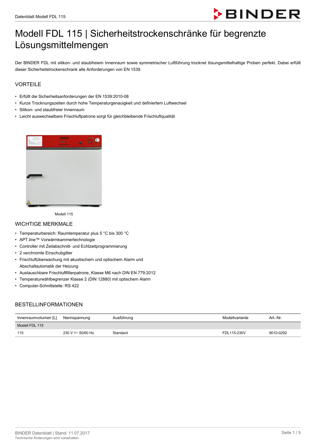 Binder FDL 115 Sicherheitstrockenschränke Datenblatt Manualzz