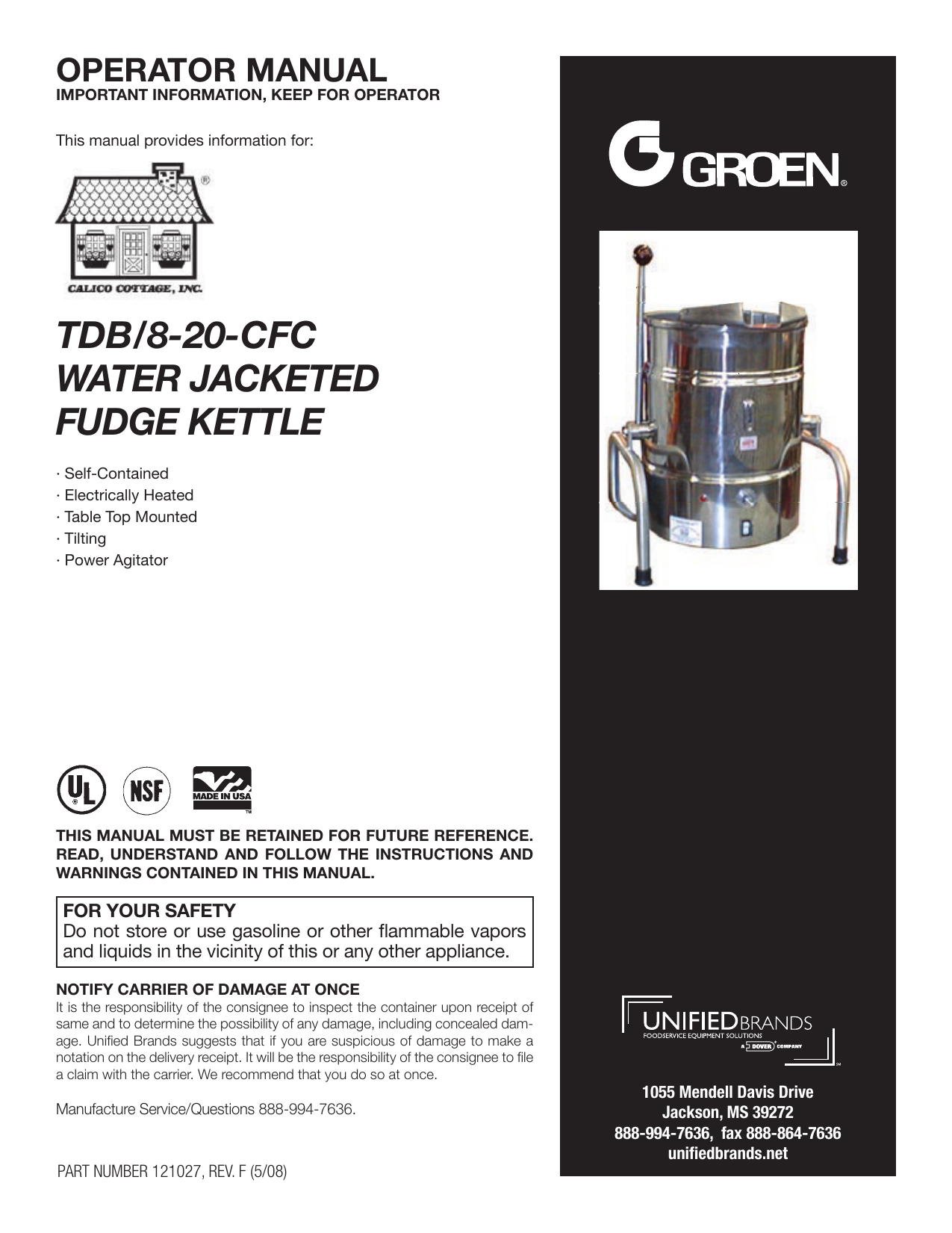 Tdb 8 20 Cfc Water Jacketed Fudge Kettle Manualzz