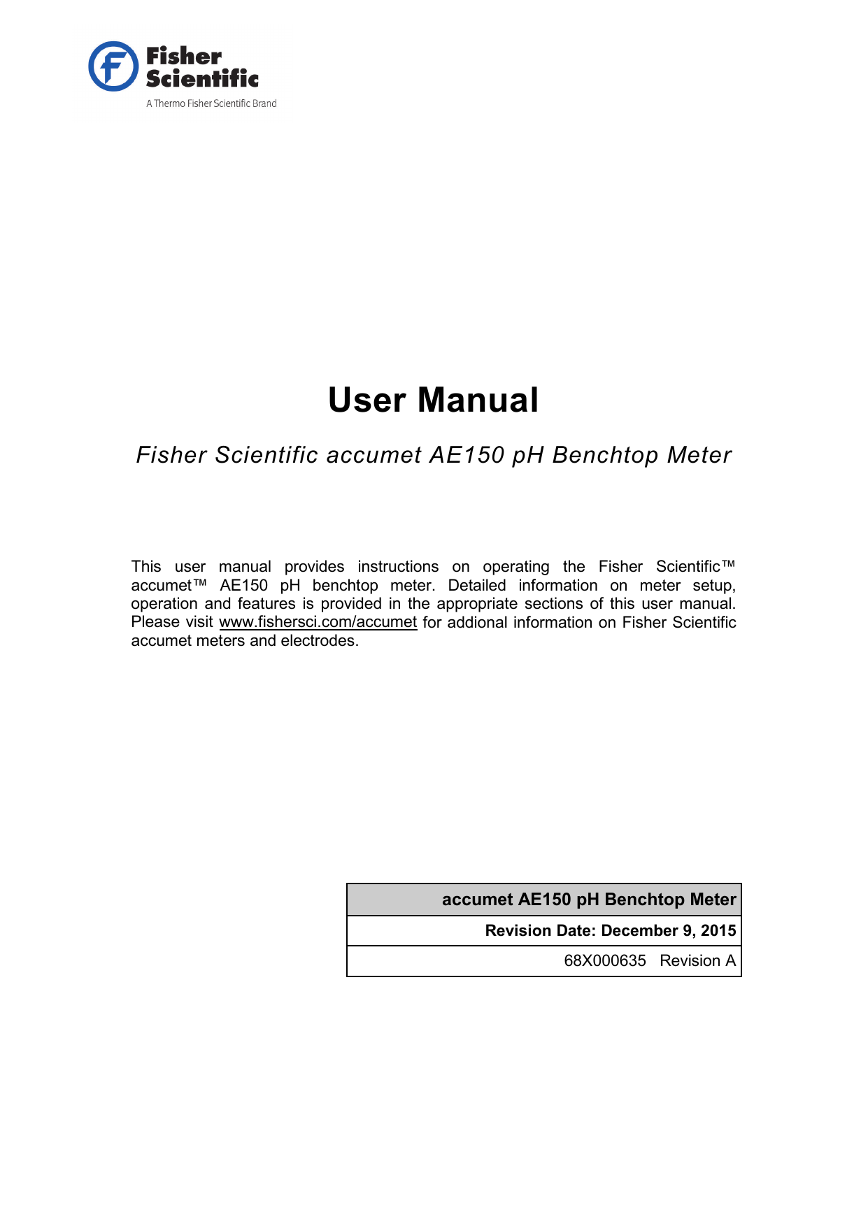 User Manual Fisher Scientific accumet AE150 pH Benchtop Meter Manualzz