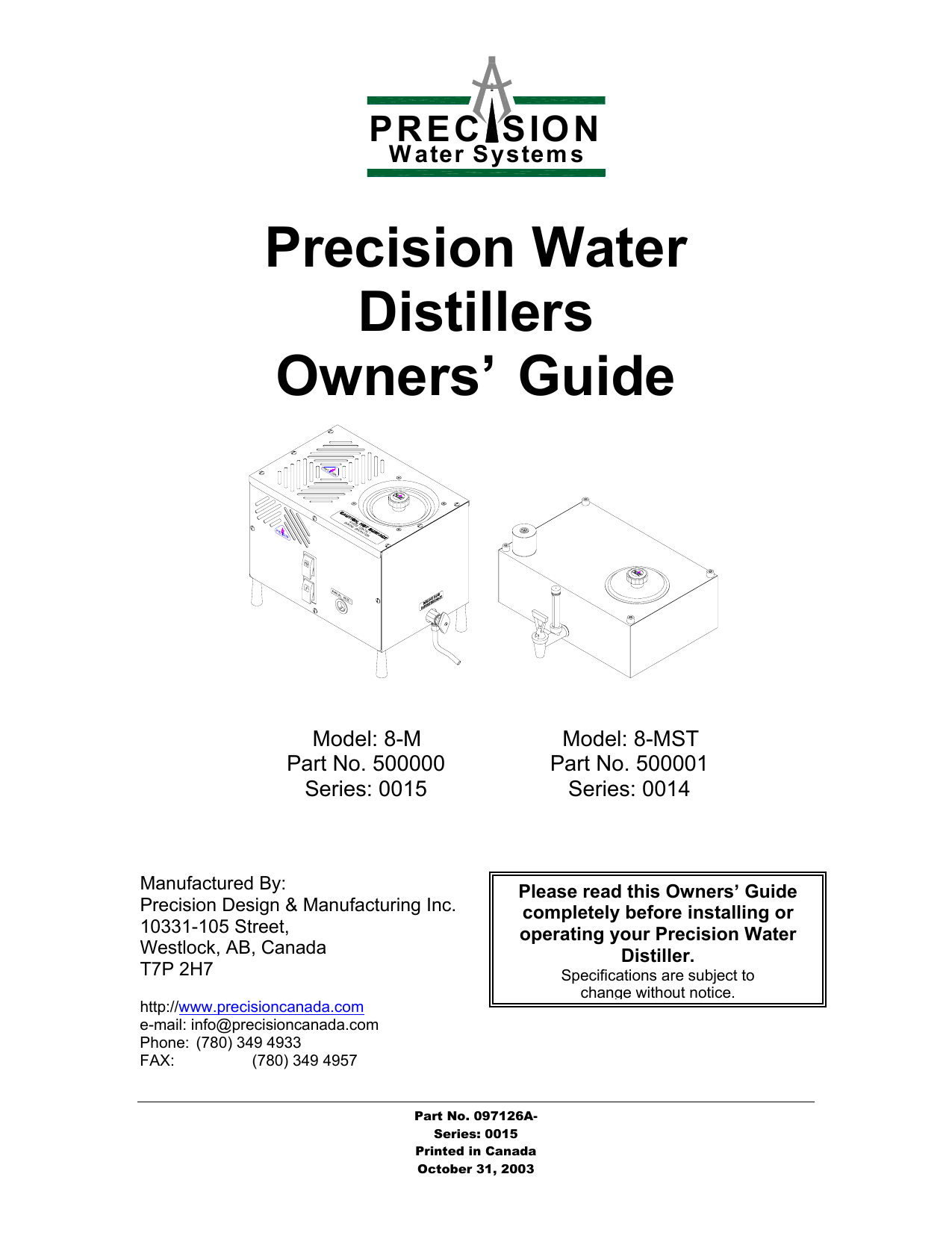 Precision Water Systems Distillers Owner's Manual Manualzz