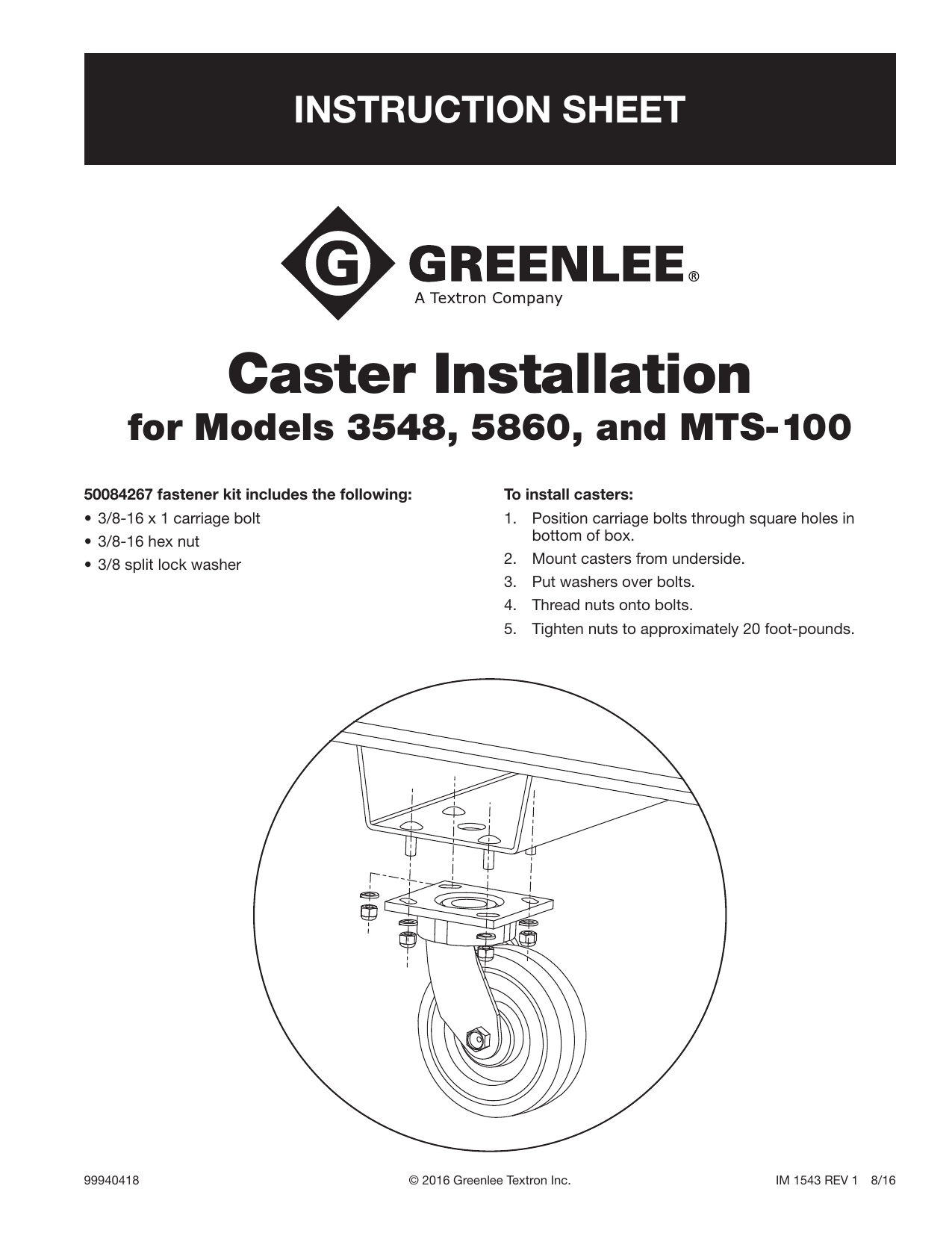 Greenlee Caster Installatio Job Box Operator's Manual Manualzz