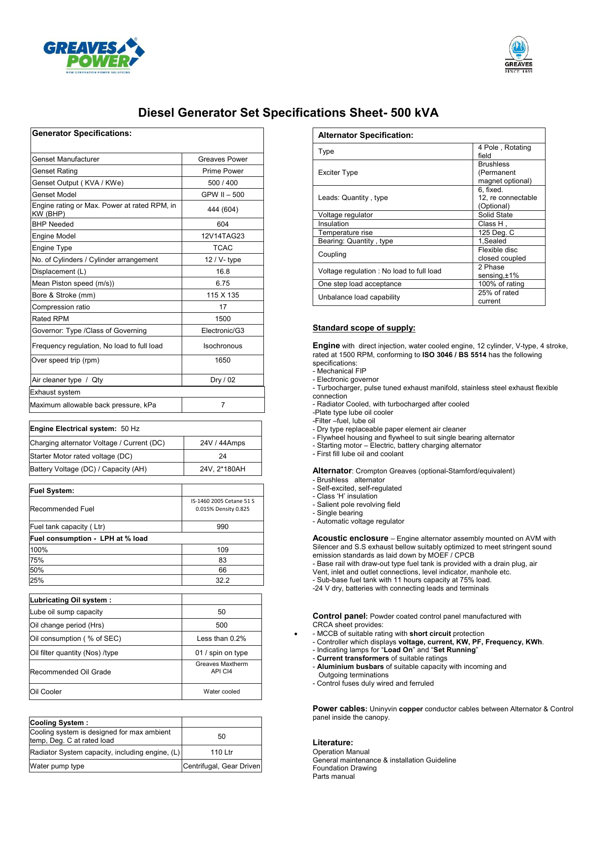 Diesel Generator Set Specifications Sheet 500 kVA Manualzz
