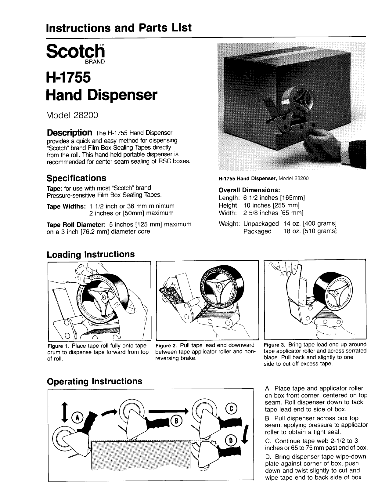 3M Scotch® Box Sealing Tape Dispenser H1755 Operating instructions