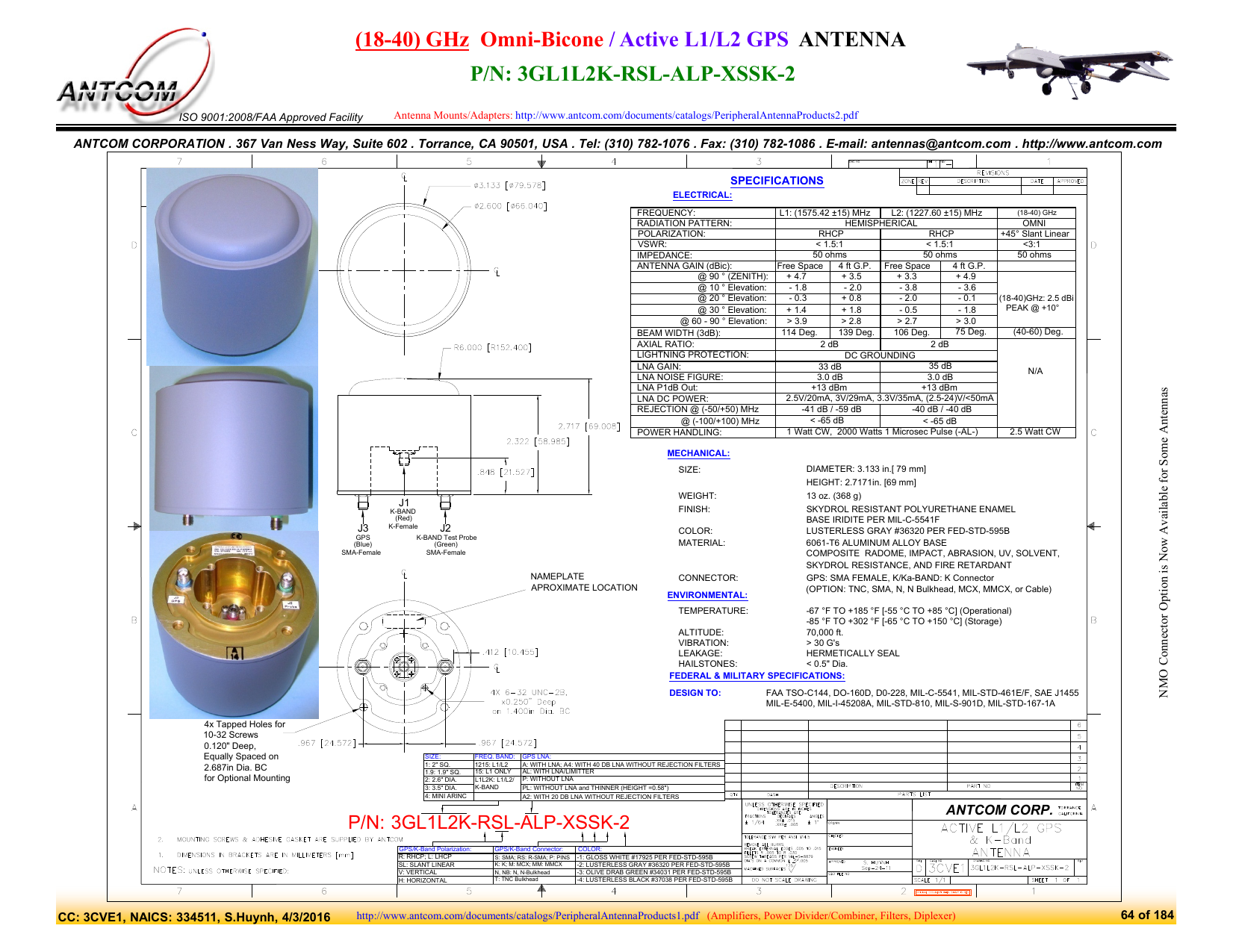 18 40 Ghz Omni Bicone Active L1 L2 Gps Antenna P N