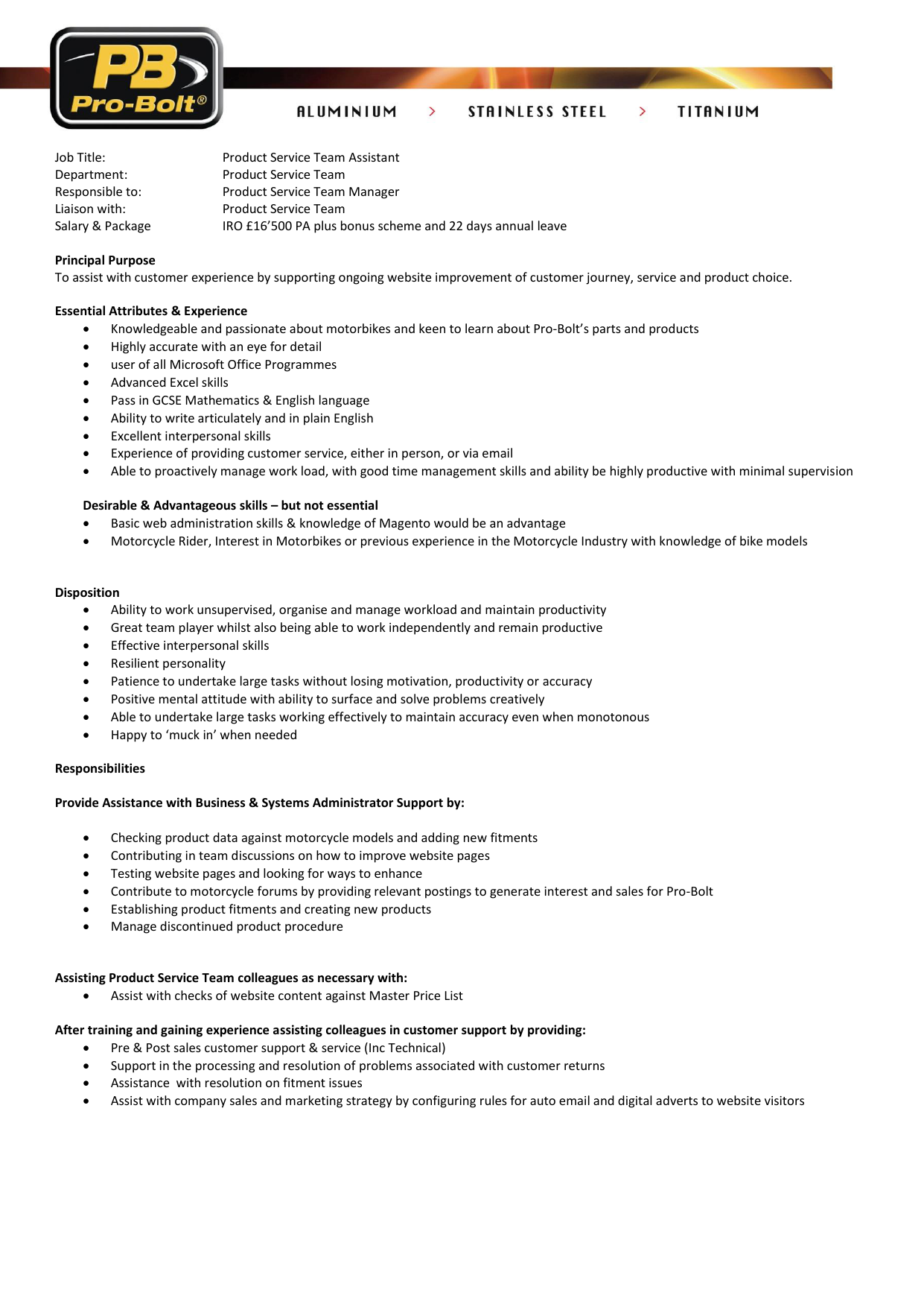 job title product service team assistant department pro bolt ability to work unsupervised