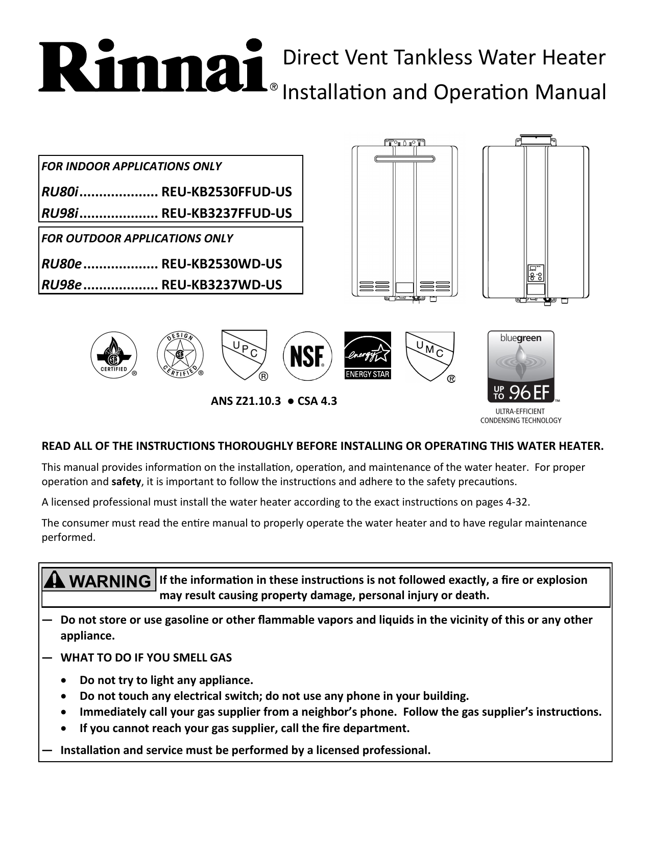 Direct Vent Tankless Water Heater Installation and Operation Manual |  Manualzz