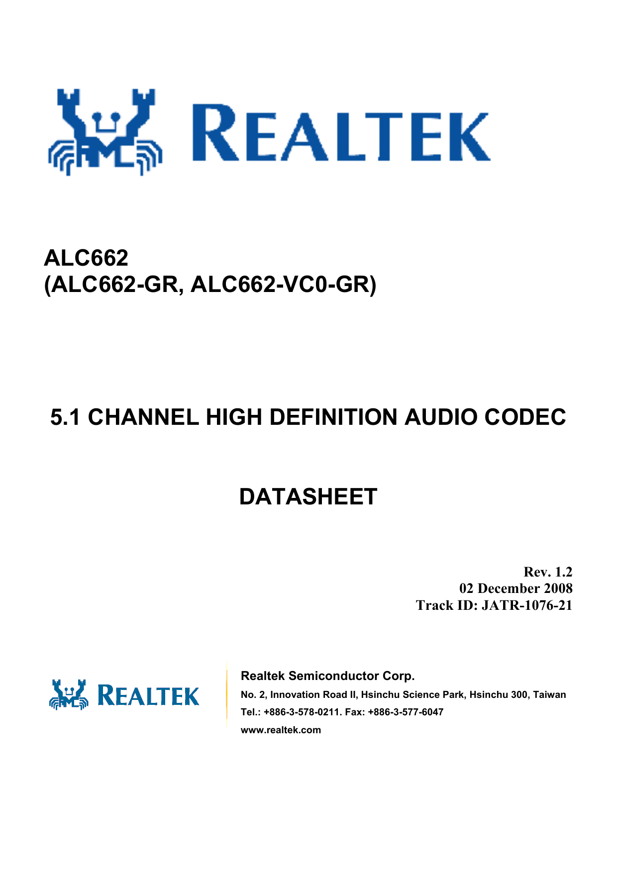 Realtek ALC662 DataSheet 1.2 | Manualzz