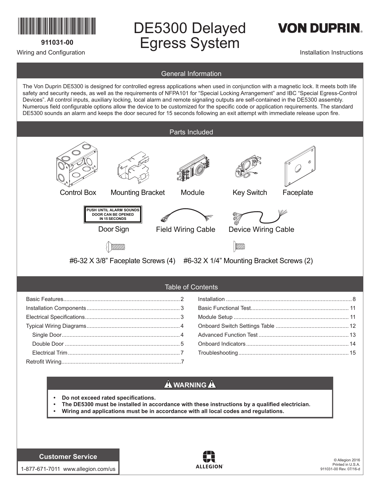 Von Duprin DE5300 Delayed Egress Installation Instructions | Manualzz