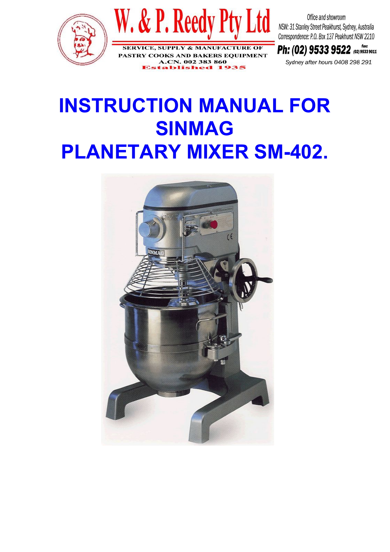 instruction manual for sinmag mixer sm402. Manualzz