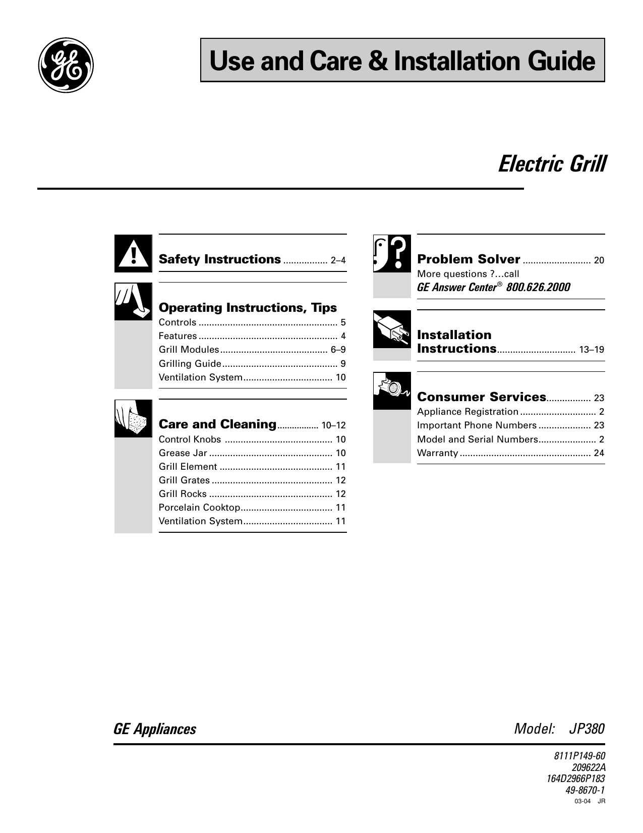 GE JP380BVBB 30" Patio Grill Use and Care Manual Manualzz