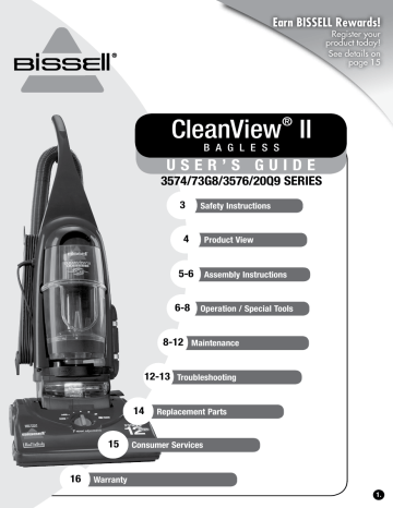 Bissell 3574/ 73G8/ 3576/ 20Q9 Series CleanView II Bagless Owner's ...