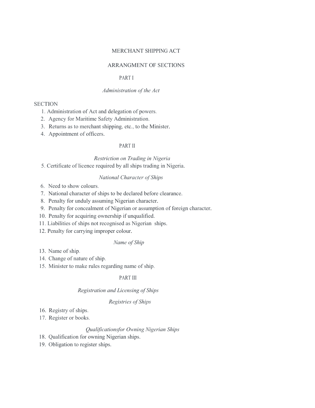 Merchant Shipping Act Arrangment Of Sections Part I Manualzz