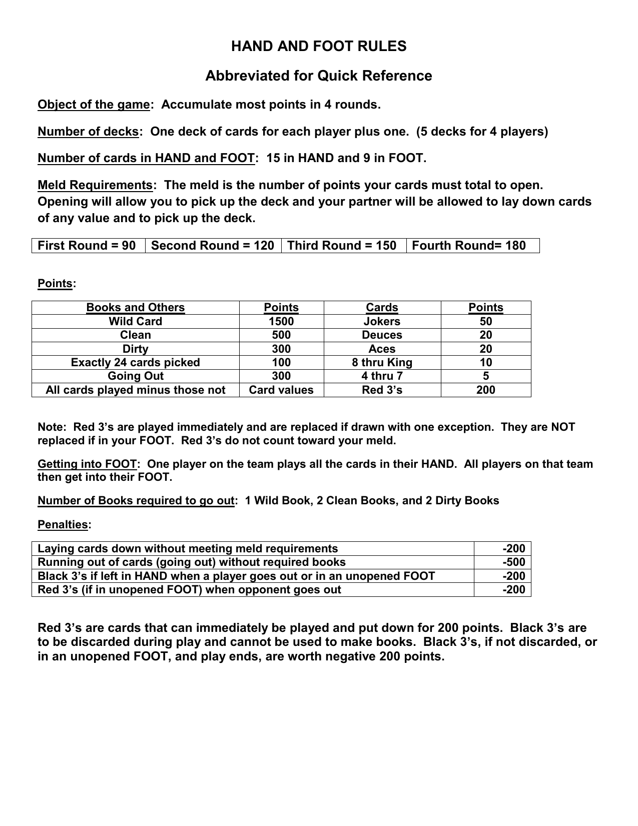 Printable Hand And Foot Rules