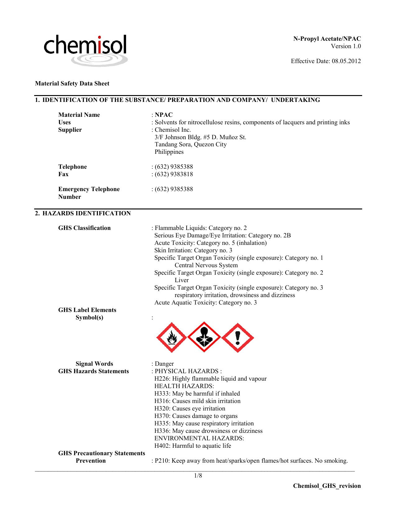 Chemisol Ghs Revision N Propyl Acetate Npac Version 1 0 Manualzz