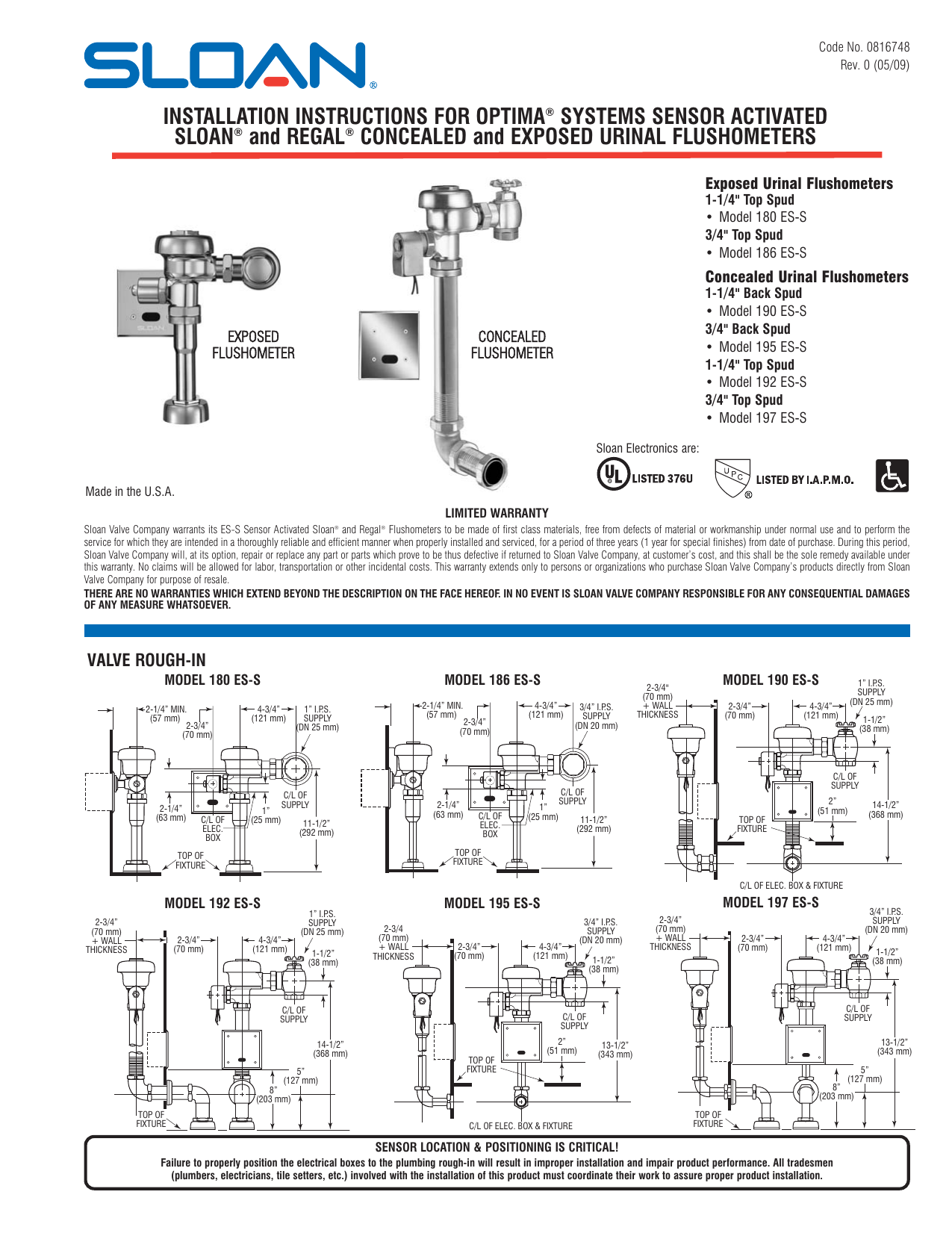 Sloan and Regal Optima Urinal Flushometer Installation Instruction