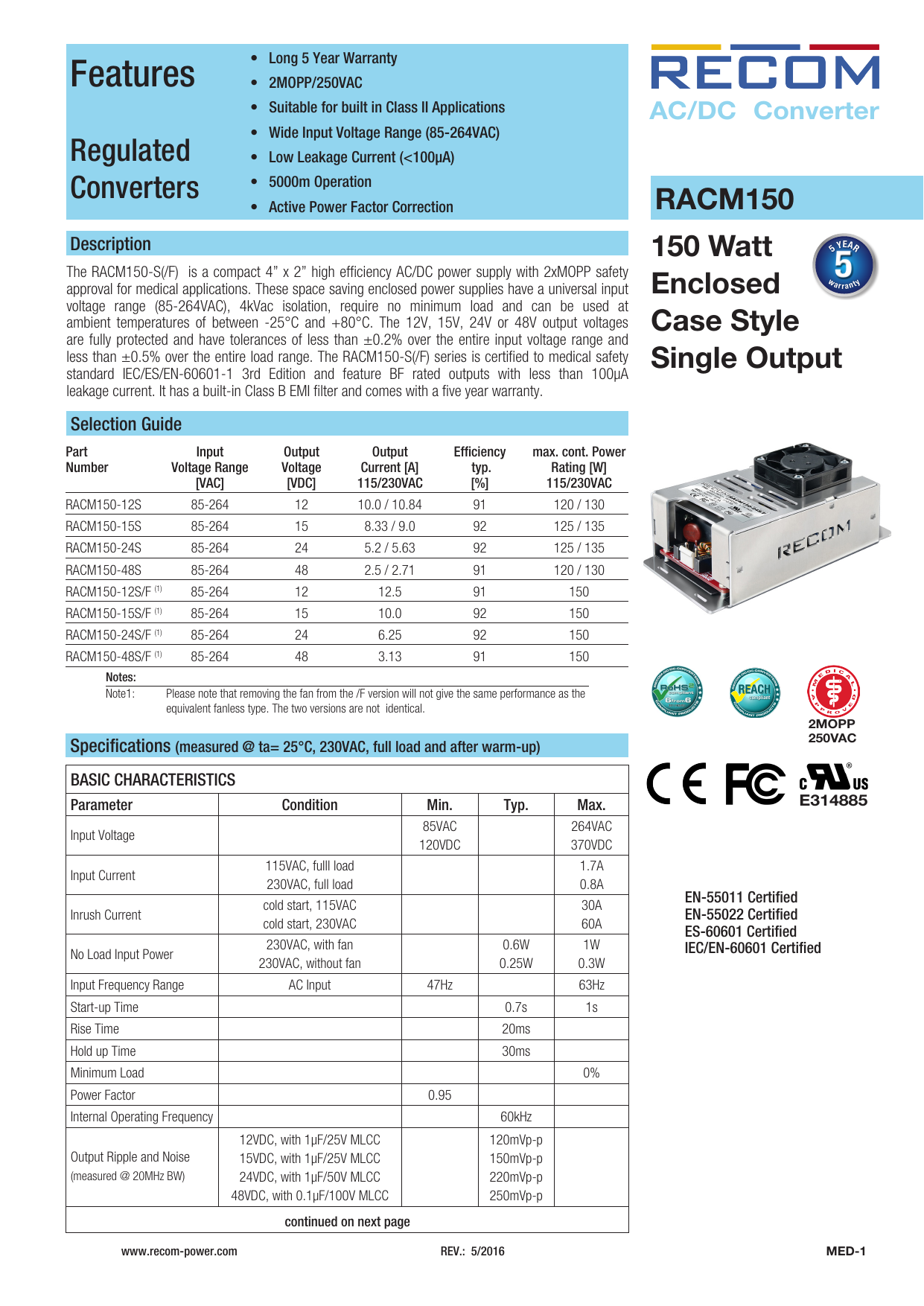 RACM150 RECOM Power | RACM150 RECOM Power |
