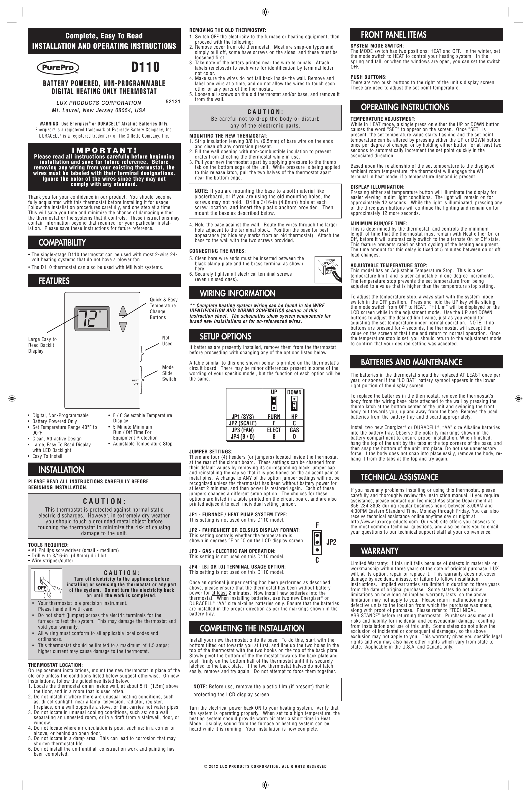 Luxpro Digital 2 Wire Heat Only Thermostat Psd010b Manual - Best