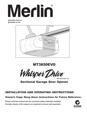 Merlin Mt3850evo Installation And, Whisper Drive Garage Door Opener Manual
