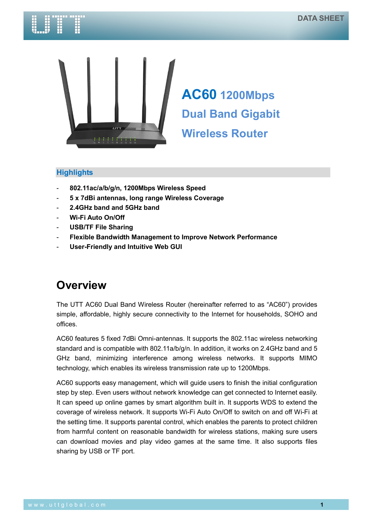1200Mbps 5 High-Power 7dBi Antennas UTT AC60 Dual Band Wireless AC Router