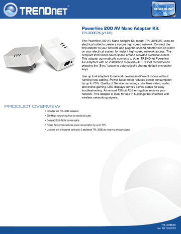 Trendnet TPL-308E2K Powerline 200 AV Nano Adapter Kit Datasheet | Manualzz