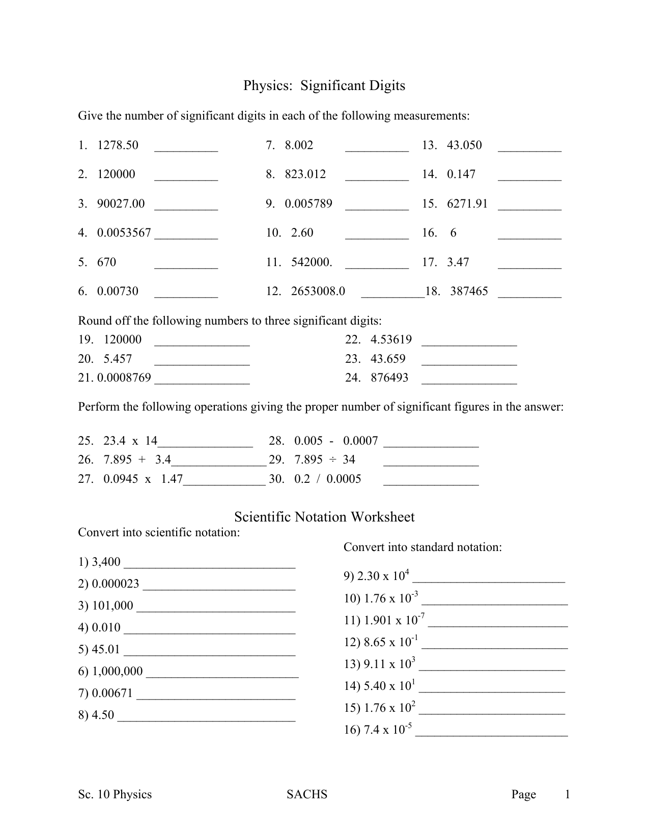 Physics: Significant Digits Scientific Notation Worksheet  Manualzz Regarding Scientific Notation Worksheet Chemistry